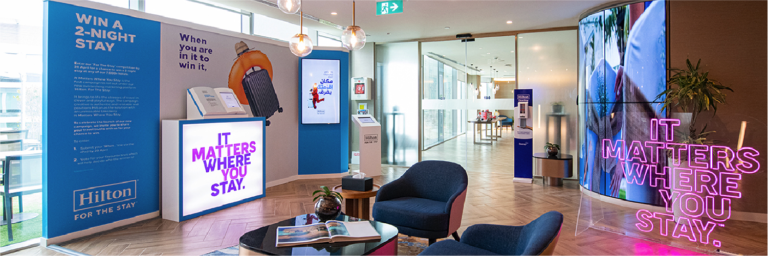 Hilton’s 30,000-square-foot Dubai head office transformed into a playful promotional journey through installations, digital interaction and branded detail.